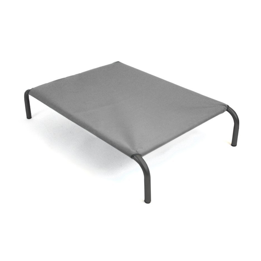 HiK9 Bett mit grauem Segeltuchbezug